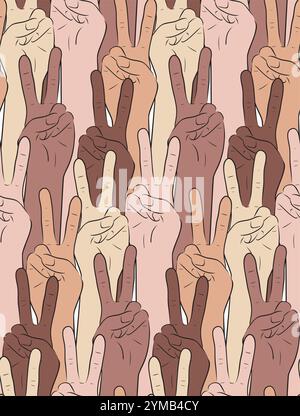 Vector seamless pattern of women victory gestures. Feminism and unity. Texture of triumph female hands. Wallpaper with a crowd of people Stock Vector