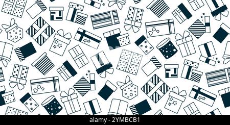 Gift boxes seamless pattern doodle sketch style. Monochrome black silhouette gifts background. Hand drawn holiday print with surprises for textile, Stock Vector