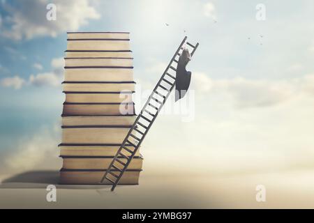 businesswoman on the top of a ladder balanced on books, success concept Stock Photo