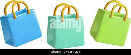 Green and blue mall shopping bags 3d realistic vector icons set. Cute paper gift bags render in spring colors. Stock Vector