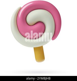 3d cute candy icon. Pink swirl lollipop on a stick realistic three dimensional vector illustration isolated on white background. Stock Vector