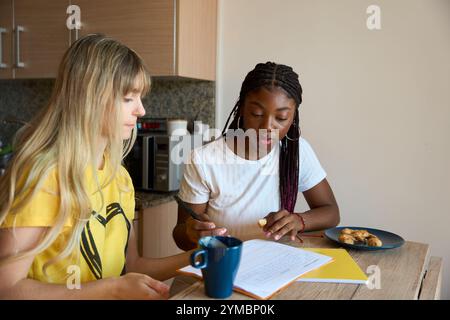 Multiethnic students studying together in modern kitchen Stock Photo