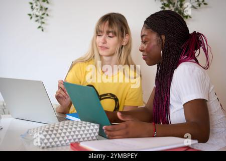 Multiethnic students collaborating on project using laptop and tablet Stock Photo