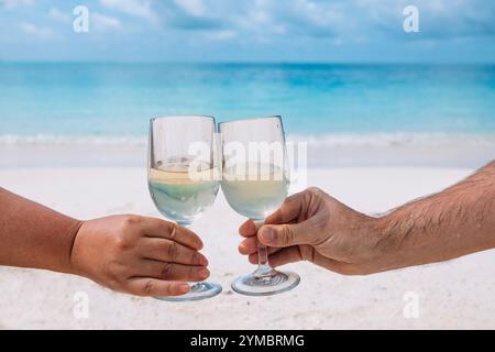 Close-up of a male and a female hands holding two glasses with white wine. Delicious chilled drinks on the background of the ocean and the beach. Youn Stock Photo