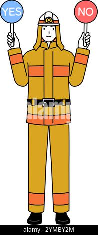 Firefighter in fire uniform holding a placard indicating correct and incorrect answers, Vector Illustration Stock Vector