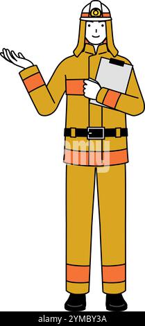 Firefighter in fire uniform holding a clipboard and extending his hand, Vector Illustration Stock Vector