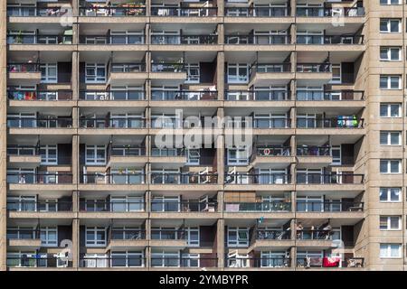 Facade, of a Brutalist style tower block, Trellick Tower, on the Cheltenham Estate in Kensal Town, London, UK Stock Photo