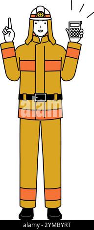 Firefighter in fire uniform holding a calculator and pointing, Vector Illustration Stock Vector