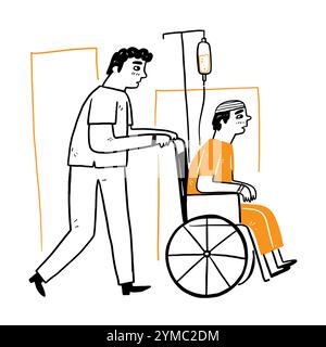 Male nurses help patients push wheelchair, Hand drawing Vector Illustration doodle style Stock Vector