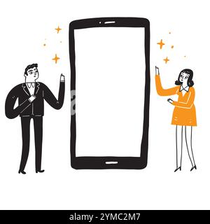 Illustration of man and woman to guide the screen of the smartphone, Hand drawn Vector Illustration doodle style Stock Vector