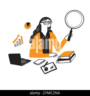 Illustration of a research businessman, Hand drawn Vector Illustration doodle style Stock Vector
