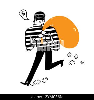The thief carrying the big bag, Hand draw Vector illustration doodle style Stock Vector
