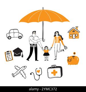 Insurance concept set, Hand draw Vector illustration doodle style Stock Vector