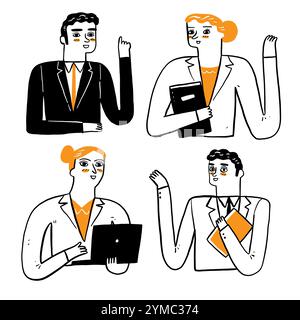 Man, woman, student or businessman, secretary talking or giving presentation. Vector Illustration Hand drawing doodle style Stock Vector