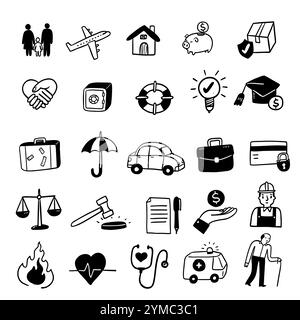 Insurance concept icons set, Hand draw Vector illustration doodle style Stock Vector