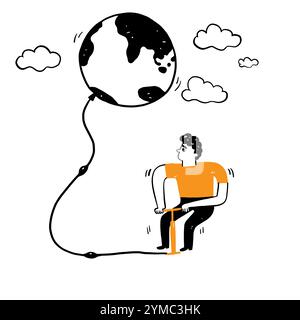 Nature and environment concepts, global warming, conservation, young conservationists are using something to pump air into something like a globe. Vec Stock Vector