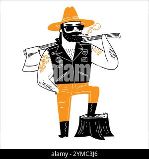 The outlaw was standing beside the stump he had cut with his ax. Illustration vector Stock Vector