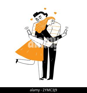 Couples are showing their love by hugging and both are in privately using their phones. Vector illustrations Stock Vector