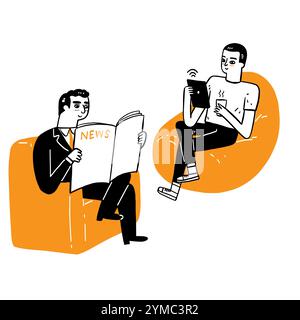 Communication business concept, elderly man reading newspaper news and young man sitting on sofa reading news through tablet. with different communica Stock Vector