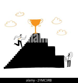 Business concept. Success. Competition, businessman going up the stairs towards the trophy waiting at the top. Vector Illustration Hand drawing doodle Stock Vector