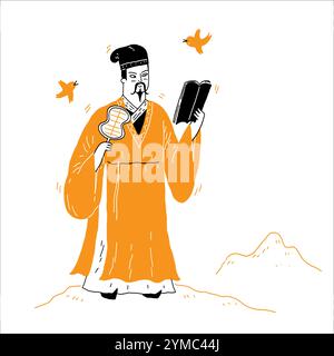 East Asian philosopher, thinker, imagination, vector illustration hand drawn Stock Vector