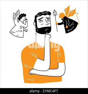 The demon, good and bad, is talking to a worried man. Stock Vector