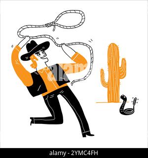 A young cowboy is using a lasso in the wilderness. Vector illustration hand drawn Stock Vector