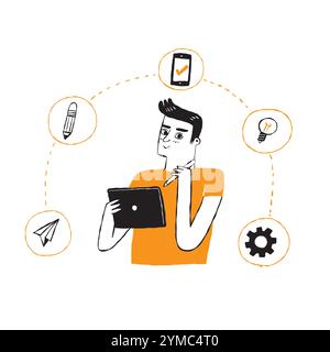 Young designer get thinking, Hand drawing Vector Illustration doodle line art style. Stock Vector