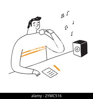 At coffee time, a young man sits and thinks about work. enjoy the music, Cartoon hand drawn Vector Illustration Stock Vector