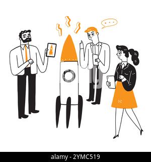 Startup concept businessmen or geniuses work together to create results. , Hand draw vector illustration. Stock Vector