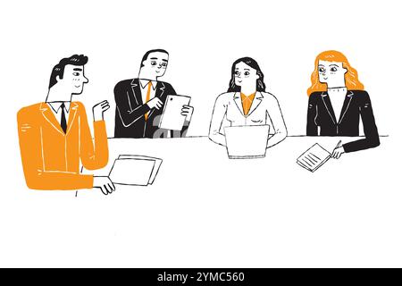 The group of business workers manager and employees meeting, Hand drawing Vector Illustration doodle line art style. Stock Vector
