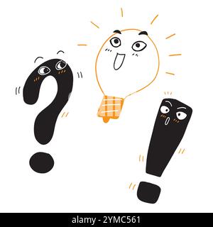 Problem solution icon in hand draw style. Light bulb idea vector illustration on white isolated background. Question and answer business concept. Stock Vector