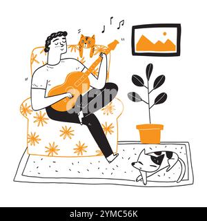Happy young man playing guitar singing on sofa relaxing with pets, cats and dogs. Hand draw vector illustration. Stock Vector