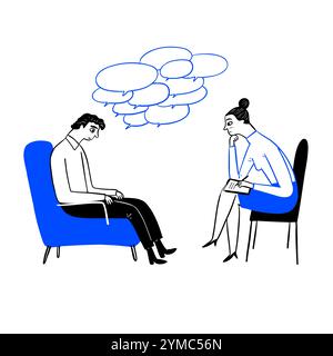 Psychotherapy. Woman psychologist with tangled and untangled brain metaphor, society psychiatry concept hand draw vector illustration Stock Vector