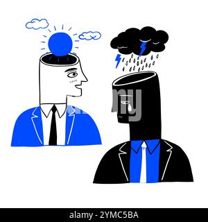 Psychology. Set of men and women with psychological problems on white background. Illnesses, mental disorders, psychiatry. Hand drawn doodle style vec Stock Vector