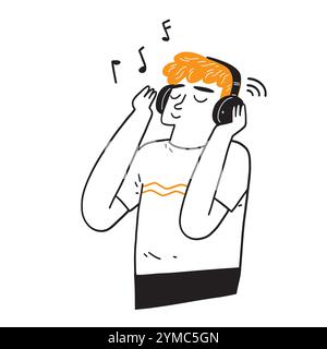 Handsome man in headphones listening to music outdoors, Hand drawing vector illustration Stock Vector