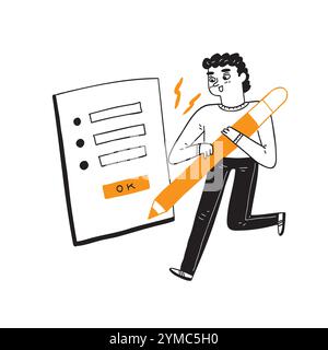 Modern young man holding a pencil trying to sign an online form,  Hand drawn vector illustration. Stock Vector