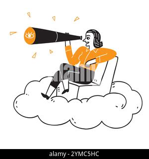 Businesses marketing concept, The pretty girl sitting on the clouds using a telescope, Hand drawn vector illustration Stock Vector