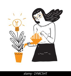 Young woman watering a plant in flowerpot with flowers. Light bulbs, creative business concept, Hand drawing Vector Illustration doodle line art style Stock Vector