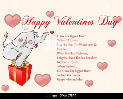 Cartoon elephant is on top of a red box. The box is on top of a pink background. The elephant is smiling and the box is decorated with a ribbon. The b Stock Vector