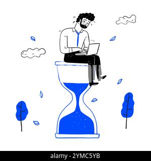 Businessman sitting on an hourglass. work in a hurry business concept hand drawn vector illustration. Stock Vector