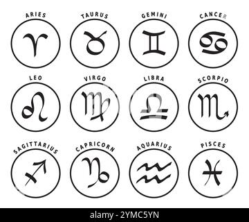 Zodiac 12 Signs Icons, Twelve Astrology Icons with Names in Black and White Stock Vector