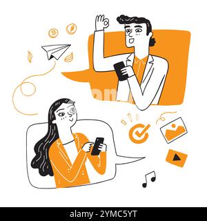 Young businesspeople buying or selling bitcoins online money transfer internet payment cryptocurrency blockchain, Hand drawn Vector illustration Stock Vector