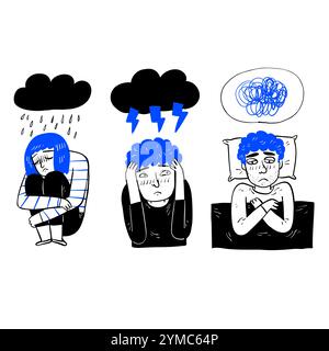 Psychology. Set of men and women with psychological problems on white background. Illnesses, mental disorders, psychiatry. Hand drawn doodle style vec Stock Vector