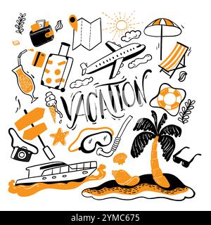 Collection of adventure tourism, travel abroad, summer vacation trip,  Hand drawing the element of vacation with doodle style Stock Vector