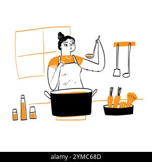 The pretty woman who is a housewife cooking, hand drawing, black lines, Hand drawing vector illustration doodle style. Stock Vector