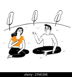 Couple are relax and talking in the park. Hand drawing vector illustration line art. Stock Vector