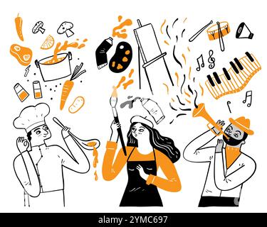 Elements of work: chef, painter, musician, Hand drawing vector illustration doodle style Stock Vector