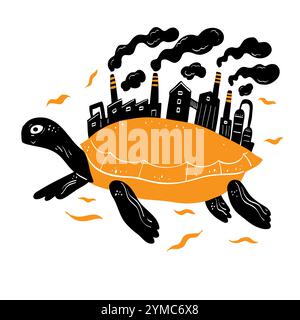 Concept of conservation of natural resources, coasts, seas, and sea turtles with industrial shells. Hand drawing vector illustration line art. Stock Vector