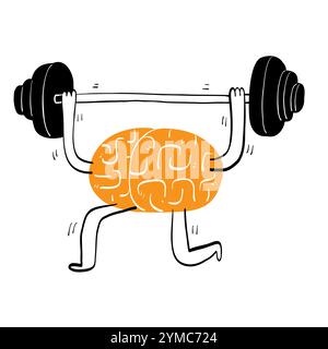 Conceptual the brain lifting a barbell for exercise, Hand drawing vector illustration line art. Stock Vector